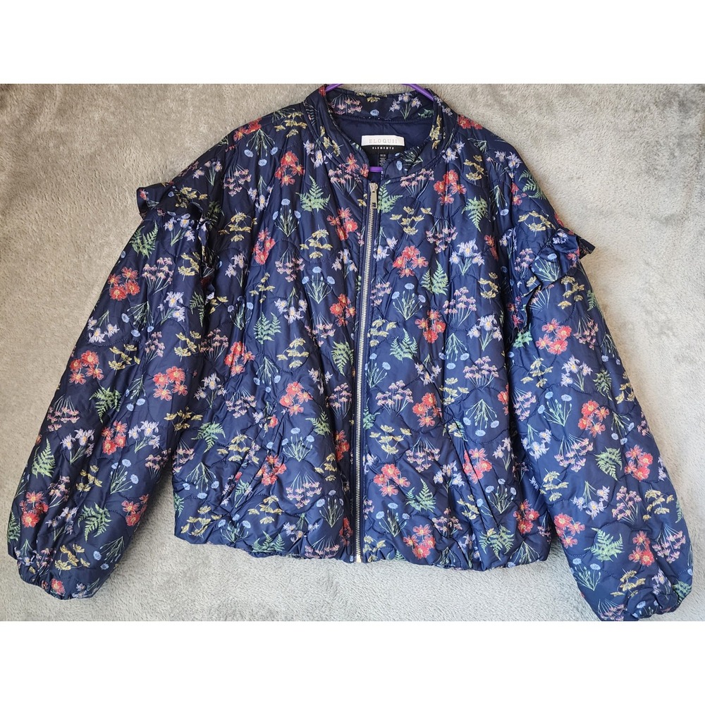 Eloquii Elements Jacket Womens 18/20 Navy Blue Floral Quilted Ruffle Zip Bomber